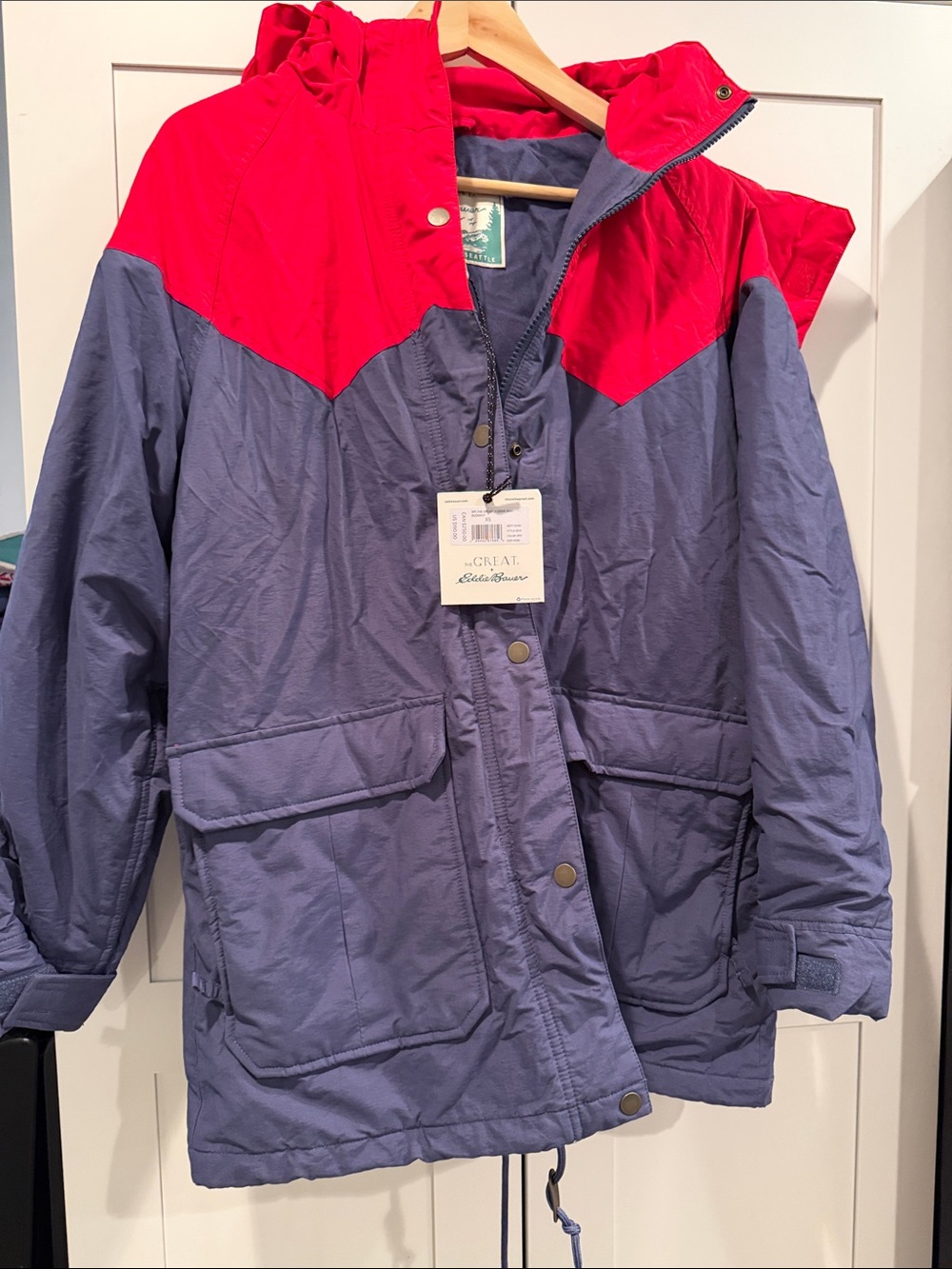 THE GREAT. Colorblock Hooded Puffer Jacket in Red and Blue